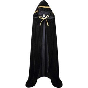 Black Velvet Full Length Lace Decor Hooded Halloween Fancy Dress Costume